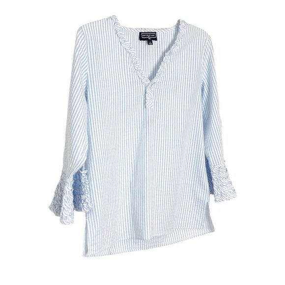 Duffield Lane Women’s Blue White Seersucker 3/4 Ruffle Sleeve Blouse Size Small - Picture 2 of 6
